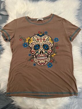 EUC American Bling Sugar Skull Tee with Teal Stitching Sz M